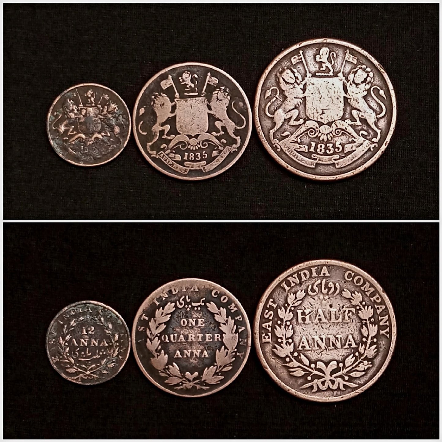 EIC - 1835 - SET OF 3 COINS
An all time favorite SET OF 3 COINS, EAST INDIA COMPANY.
1/12 ANNA 1835
1/4 ANNA 1835
1/2 ANNA 1835 - Collection Bazzar