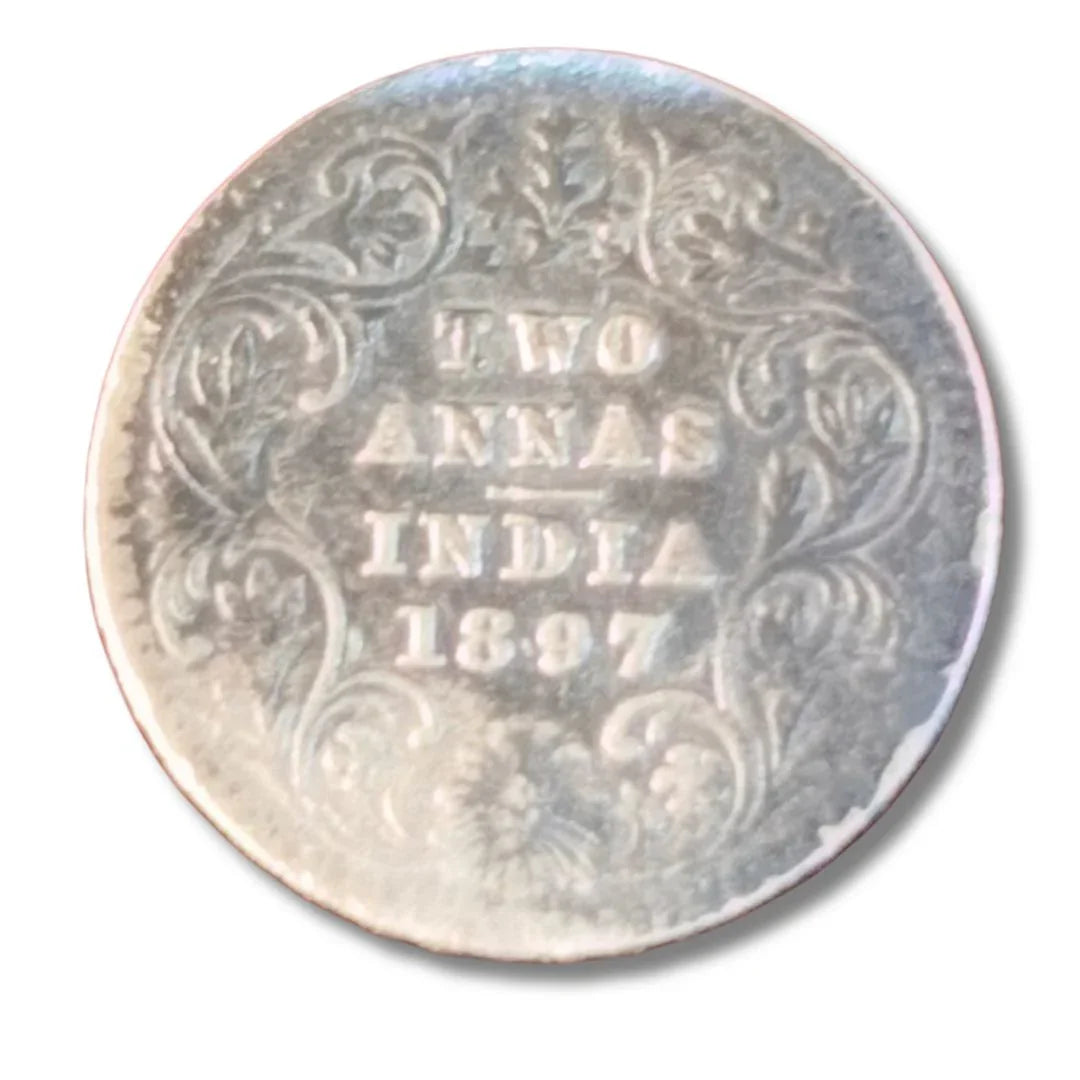 1897 British India vintage two annas silver coin with floral design collectible