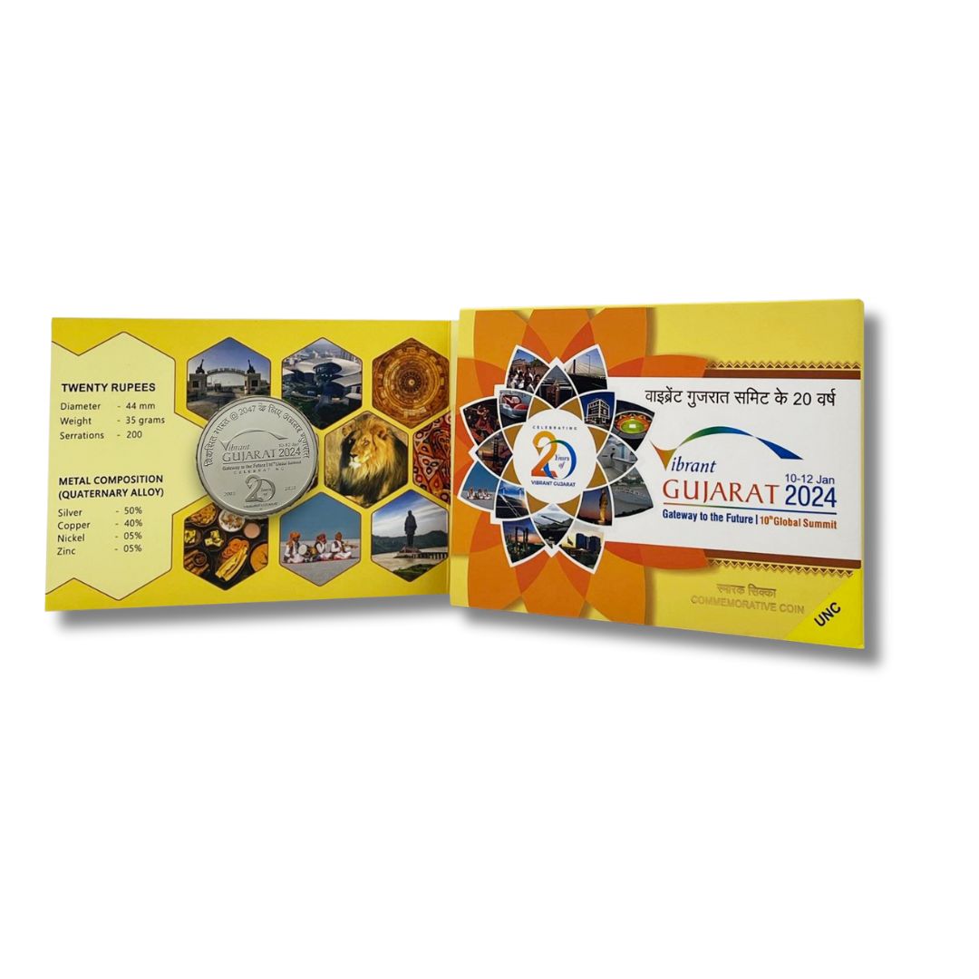 ₹20 UNC Coin – 20 Years of Vibrant Gujarat Summit | Official Folder Pack