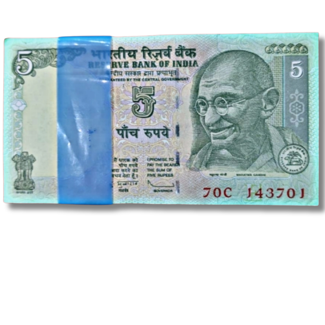 ₹5 Note Packet | Prefix 70C | Serial 143701 | "I Love You" + Ending 786 Note Included | Governor Subbarao | UNC | 100 Notes
