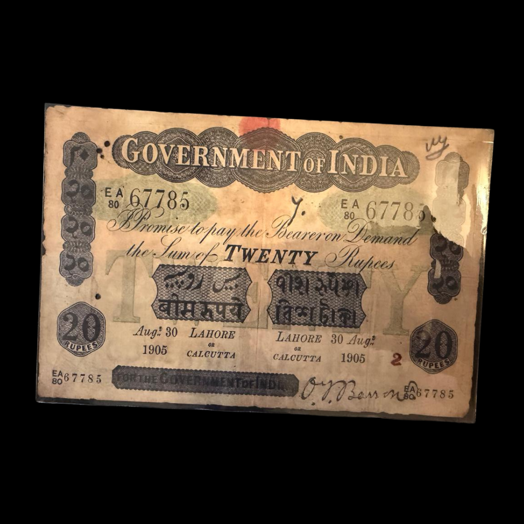 Govt. of India 20 Rupees Uniface old Note 1905 O T Barrow Lahore/Calcutta