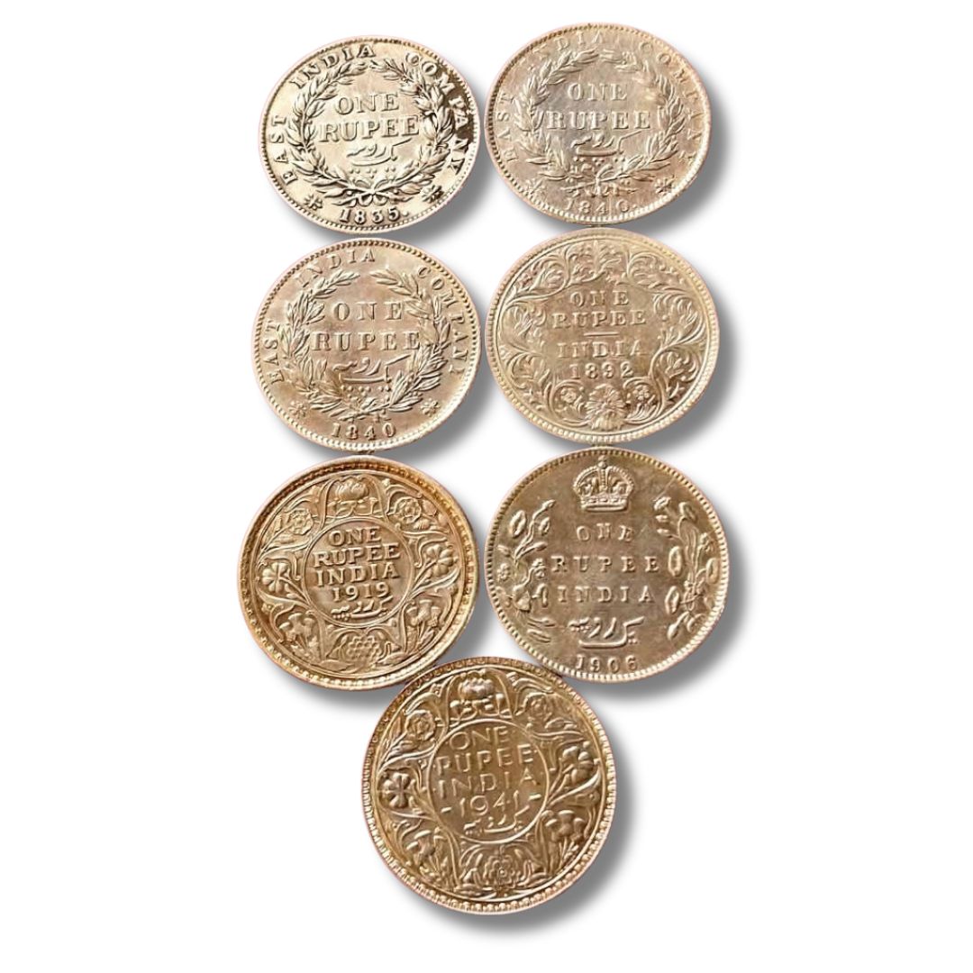 British India One Rupee Coin Set – 7 Different Portraits | Rare Historical Collection (William IV to George VI)