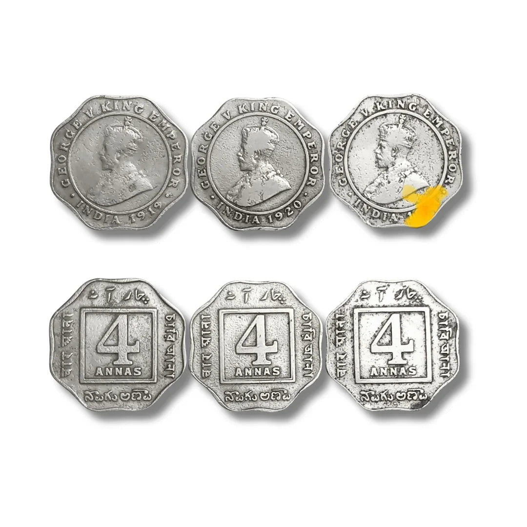 British India George V 4 annas silver coins, octagonal shape, 1919-1920 collectible currency