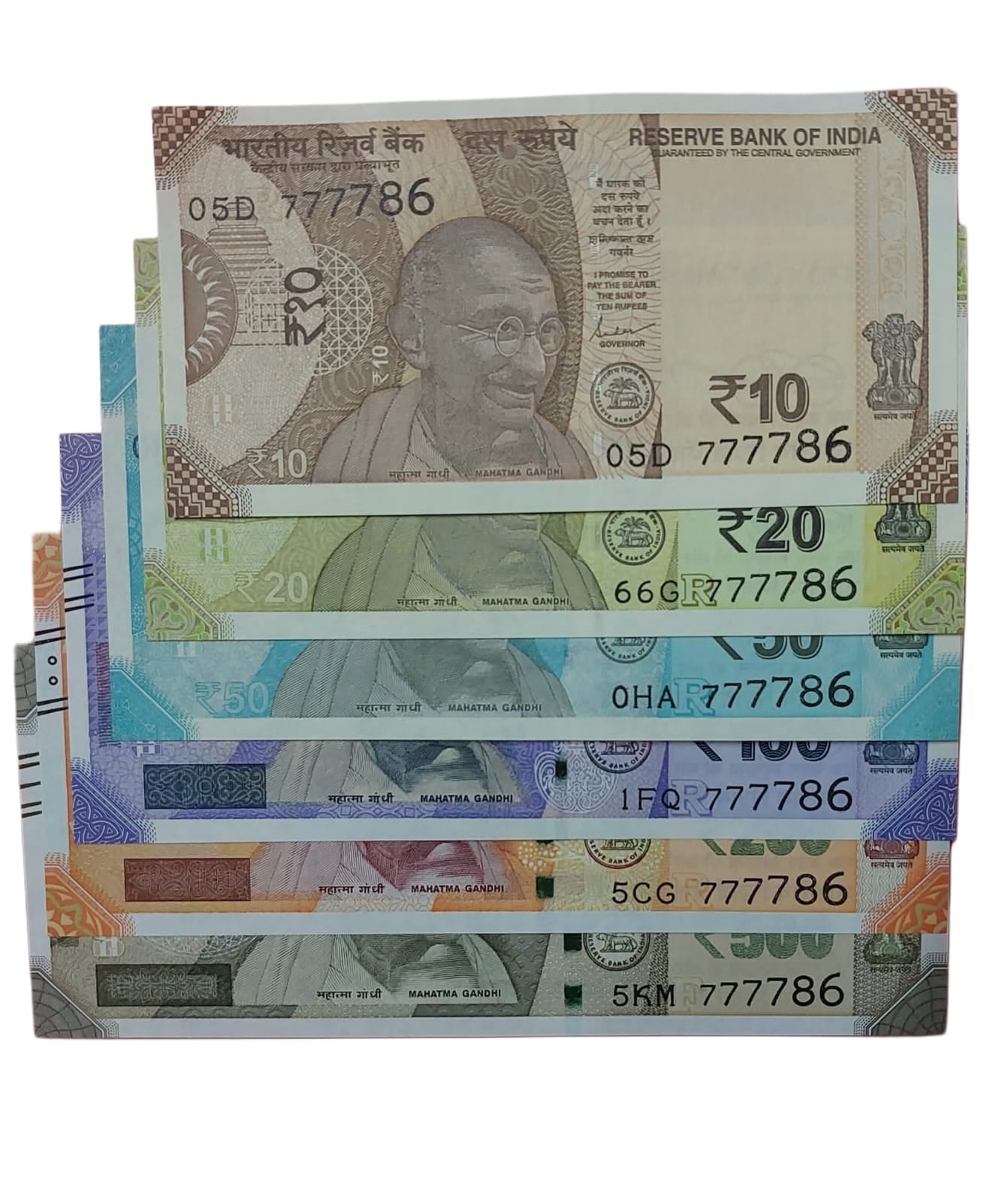 Fancy Number Matching Set 10, 20, 50, 100, 200,500 Notes with Same Serial 777786 | Rare Complete Matching Series | RBI Original UNC Collection | Mahatma Gandhi New Series Notes