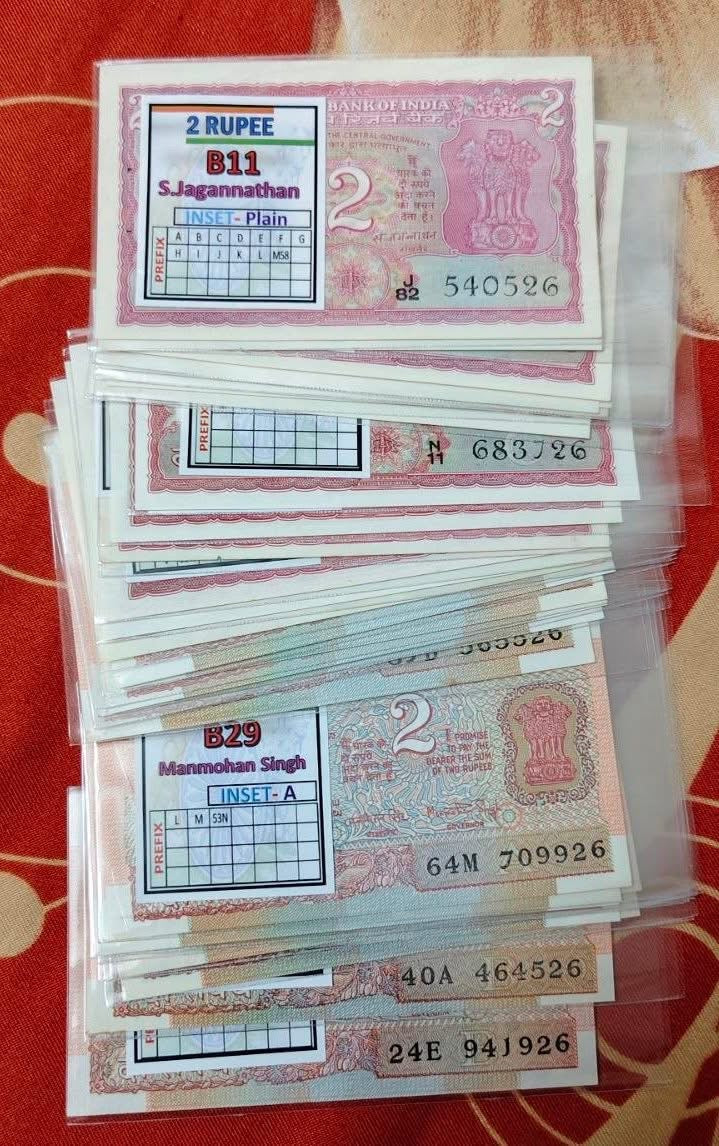 Rs 2 Notes B11 TO B36 Signature Set With Sleeves And Sticker