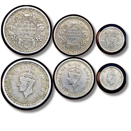 1945 King George VI Silver Coin Set – 1 Rupee, 1/2 Rupee, 1/4 Rupee | 5 Bombay Mint Varieties