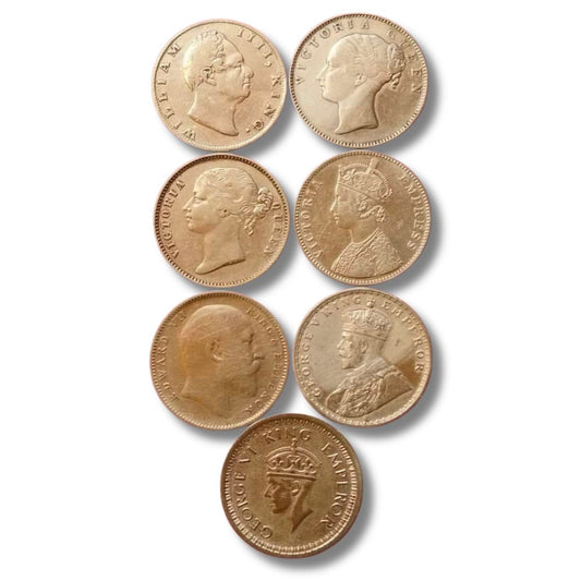 British India One Rupee Silver Coin Set – 7 Varieties | 100.5g Total | Buy Rare Colonial Coins Online