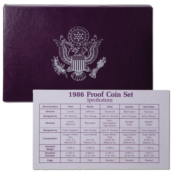 1986 United States Proof Coin Set | 5 Coins – 1 Cent, 5 Cent, 10 Cent, Quarter, Half Dollar