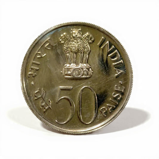 Rare 50 Paisa "Grow More Food" Proof Coin Silver Toned 1973 unc - Collection Bazzar