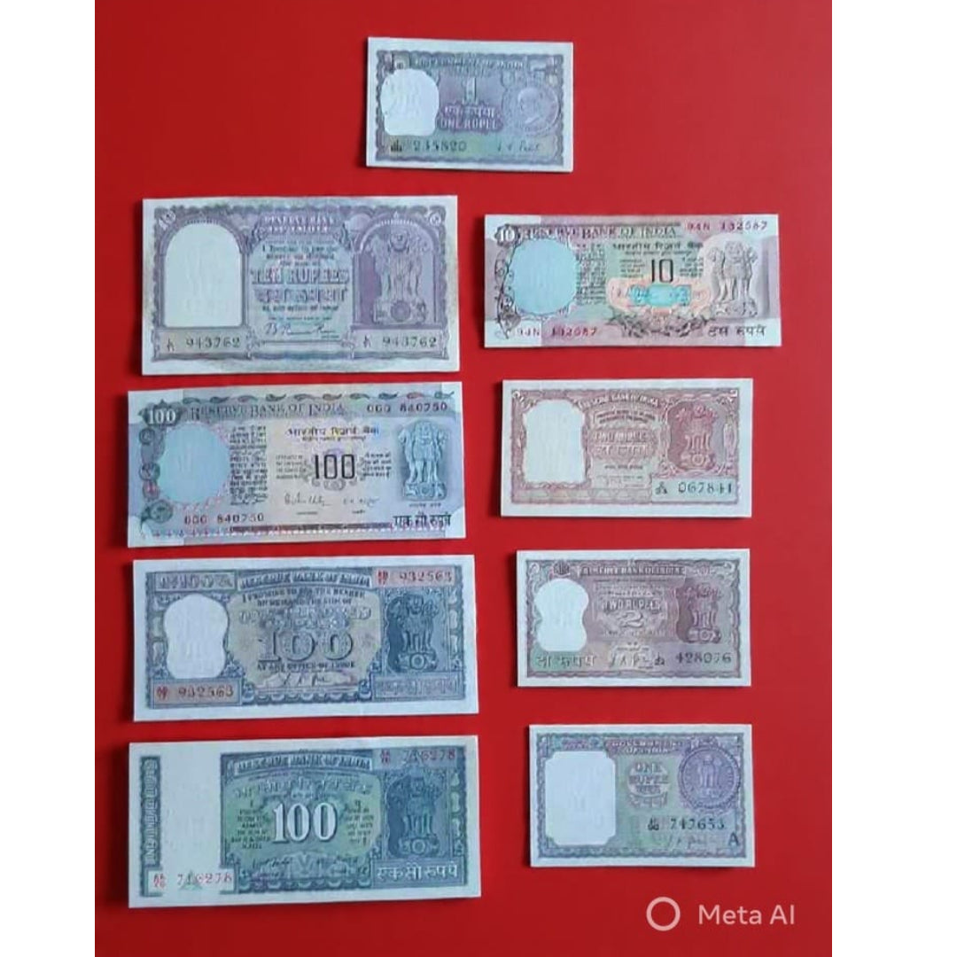 Rare Indian Notes Collection Set 1, 2, 5, 10 & 100 Rupees Collectible - Collection Bazzar