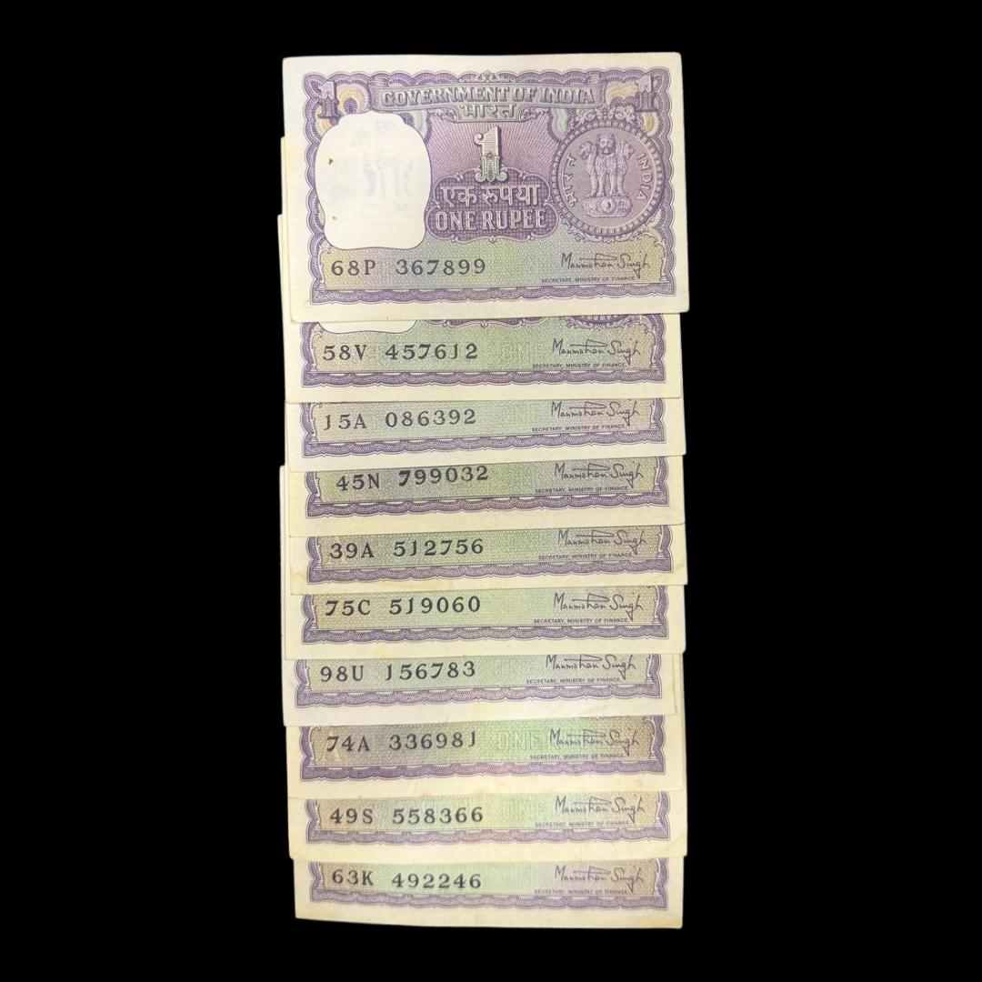 Rs 1 Old Note Big Coin Set of 10 Notes Governor Manmohan Singh Set unc - Collection Bazzar