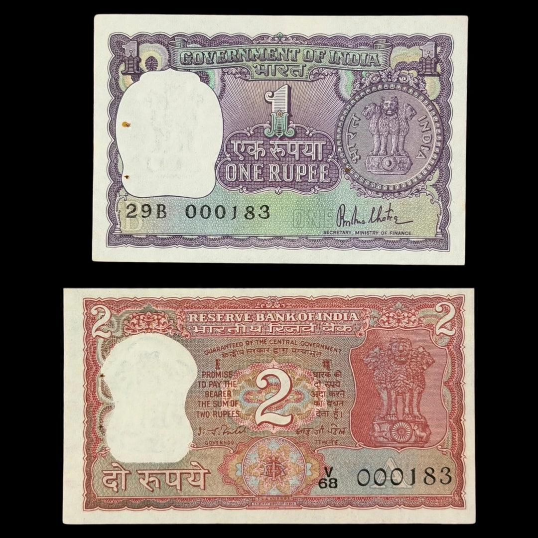 Rs 1 and 2 Notes 000183 Same number Rare Collectible - Collection Bazzar