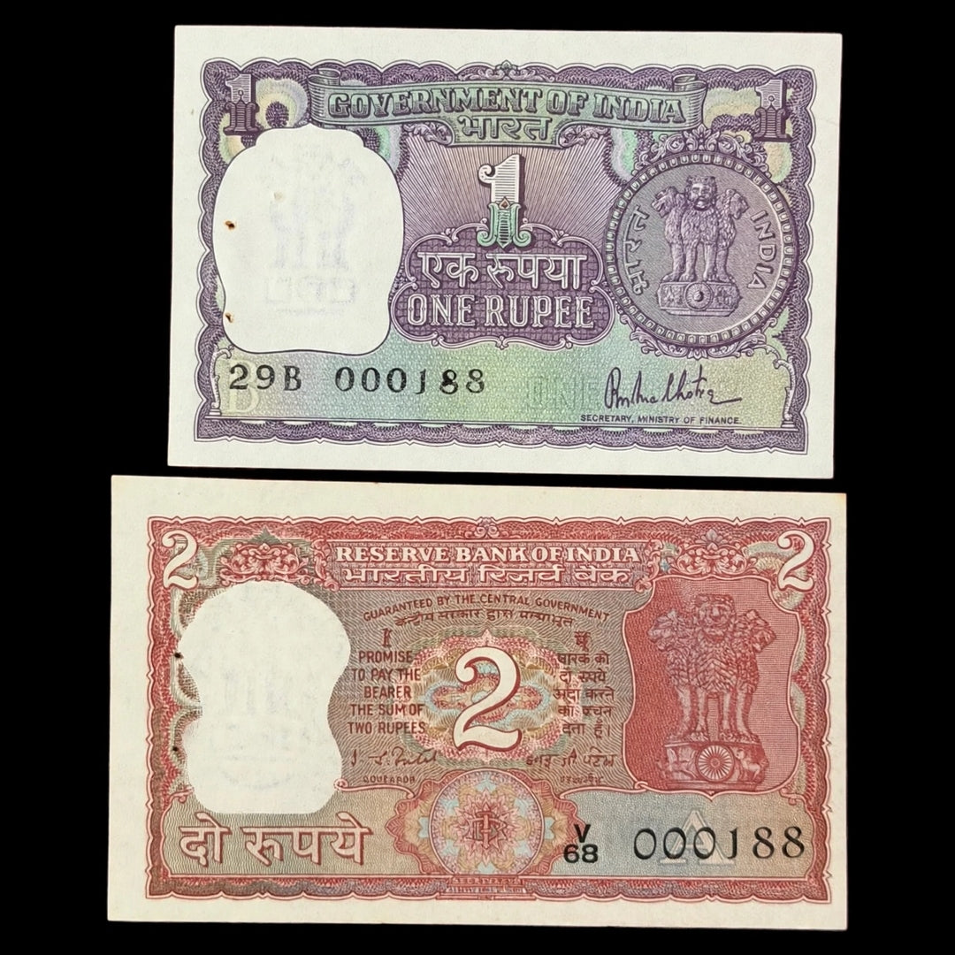 Rs 1 and 2 Notes 000188 number Rare Collectible - Collection Bazzar