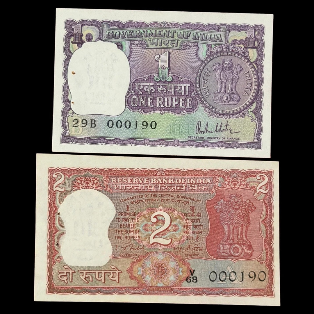 Rs 1 and 2 Notes 000190 Same number Rare Collectible - Collection Bazzar