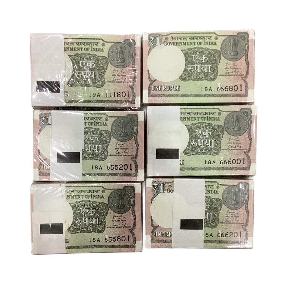 Rs 1 note 6 packets starting three digits number each packet 2500 finance secretary subhash garg rare collectible - Collection Bazzar