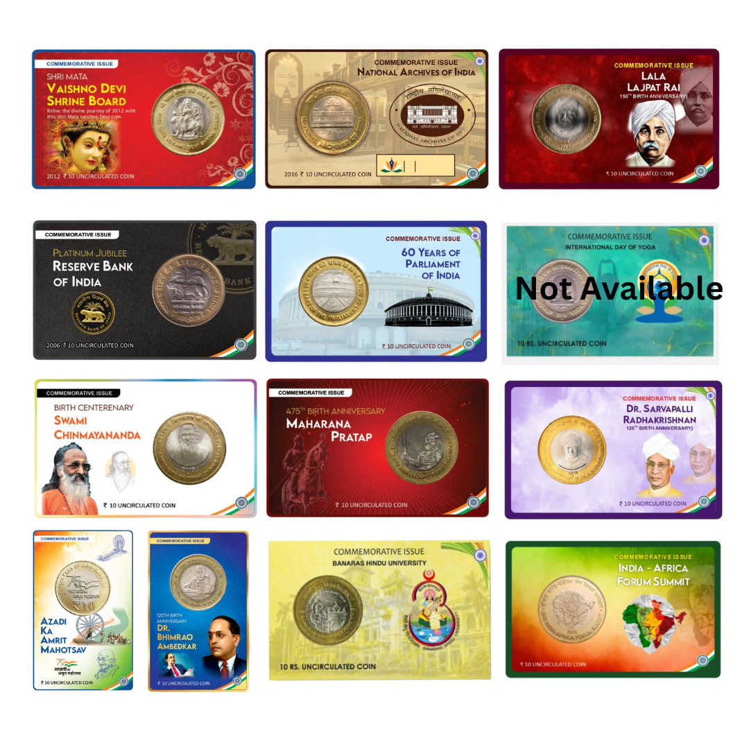 Rs 10 Coin Cards Set of 12 Commemorative Collection Yoga Not Available - Collection Bazzar