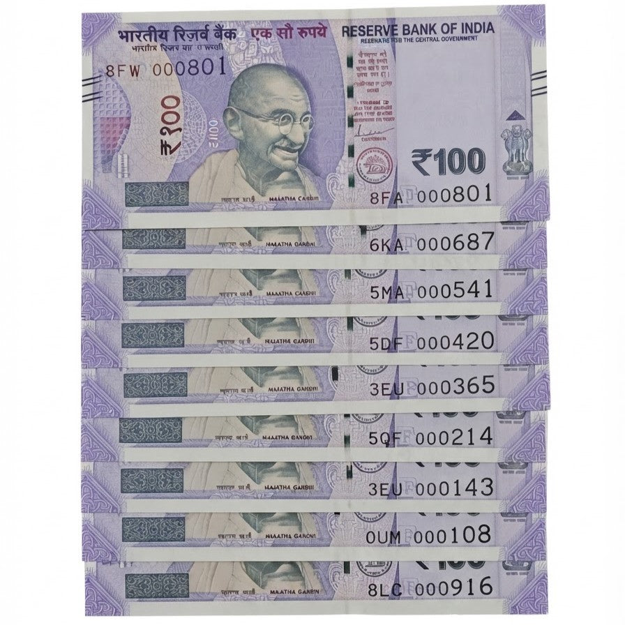 Rs 100 Note Set Different Fancy Numbers 9 Pcs Set Extremely Rare - Collection Bazzar