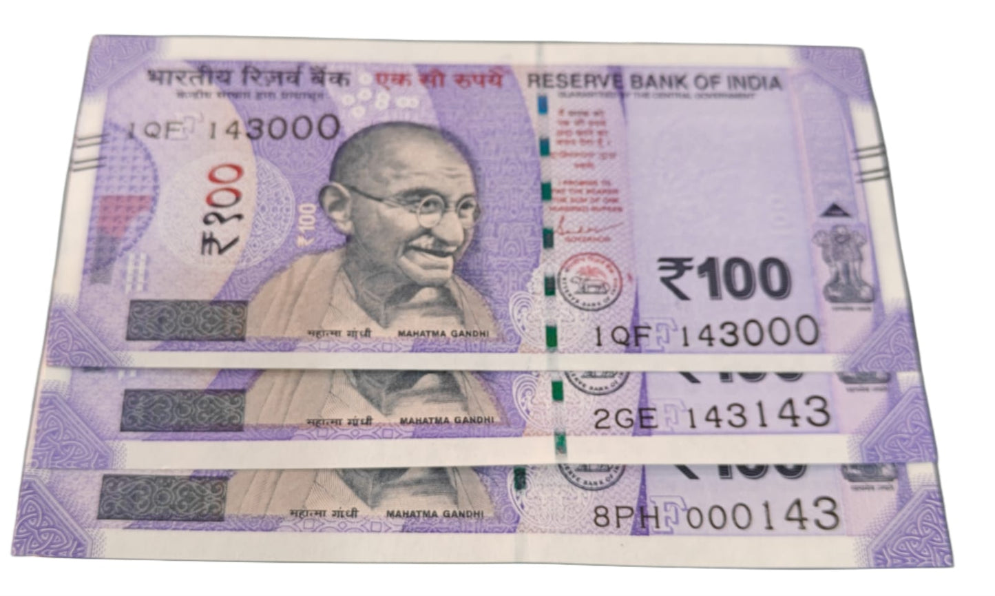 Rs 100 note rare set i love you number 000143 143000 143143 gem unc condition - Collection Bazzar