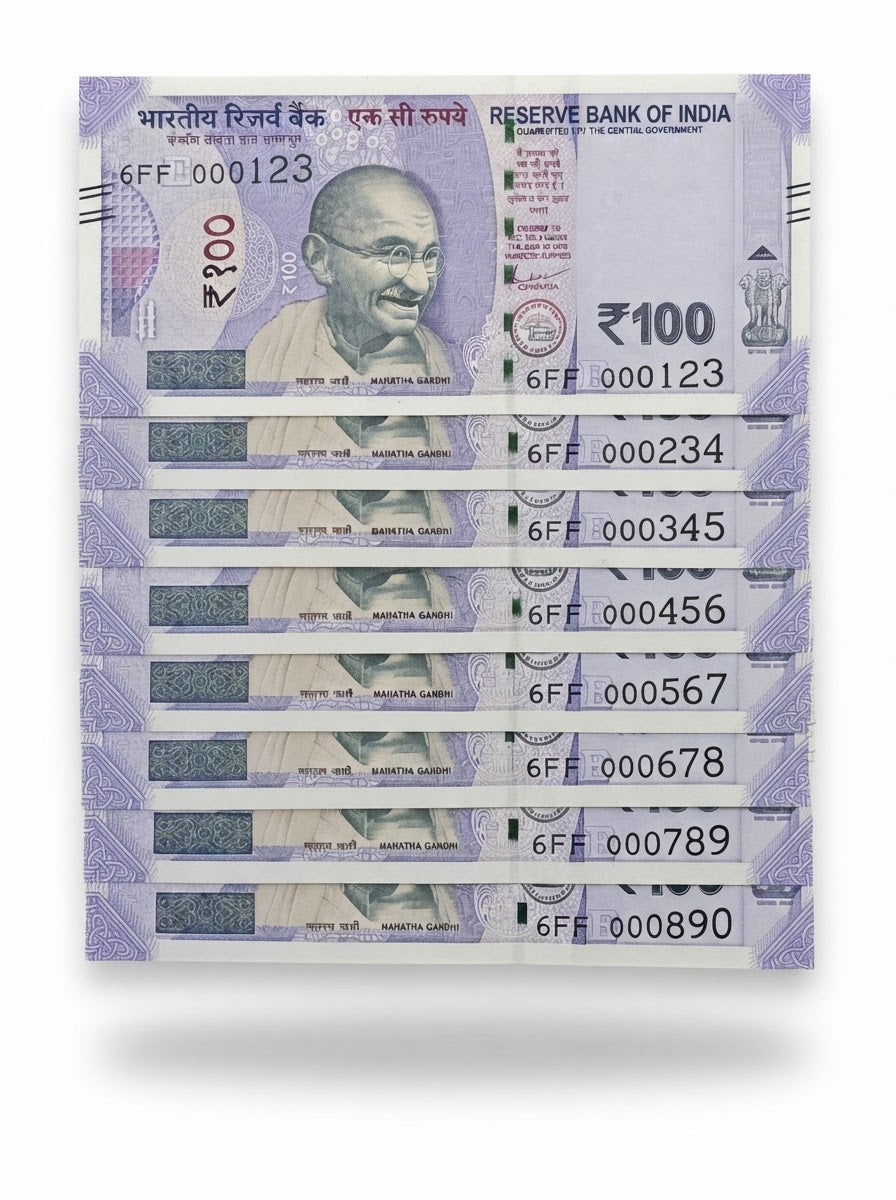 Rs 100 Note Set Step Number Serialed 000123 (8 Note Pcs Set ) Rare - Collection Bazzar
