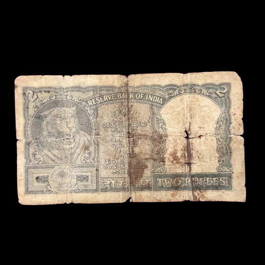 Rs 2 Old Note Half Tiger Portrait 148437 PC Bhattacharya - Collection Bazzar