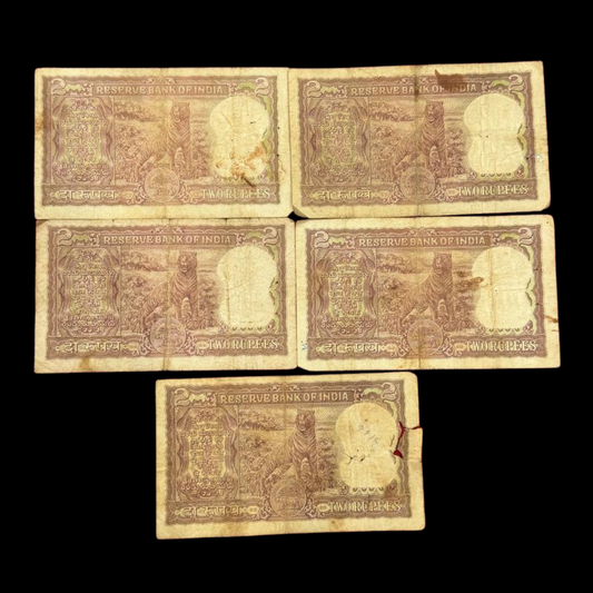 Rs 2 Old Note diomond Set of 5 Notes Full Tiger Portrait Used Condition - Collection Bazzar