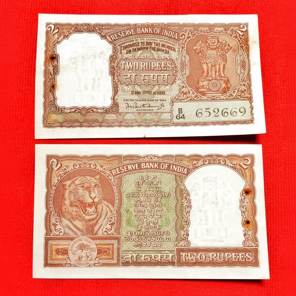Rs 2 half tiger 652669 governor PC Bhattacharya rare collectible - Collection Bazzar