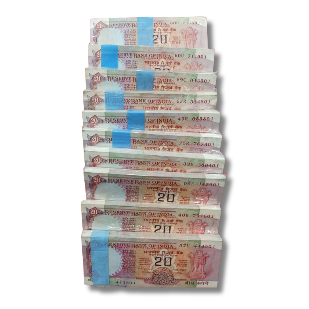 Rs 20 fancy note, Konark series note, C Rangarajan notes, fancy number packet, collectible Indian currency, mirror number, repeater note, UNC condition