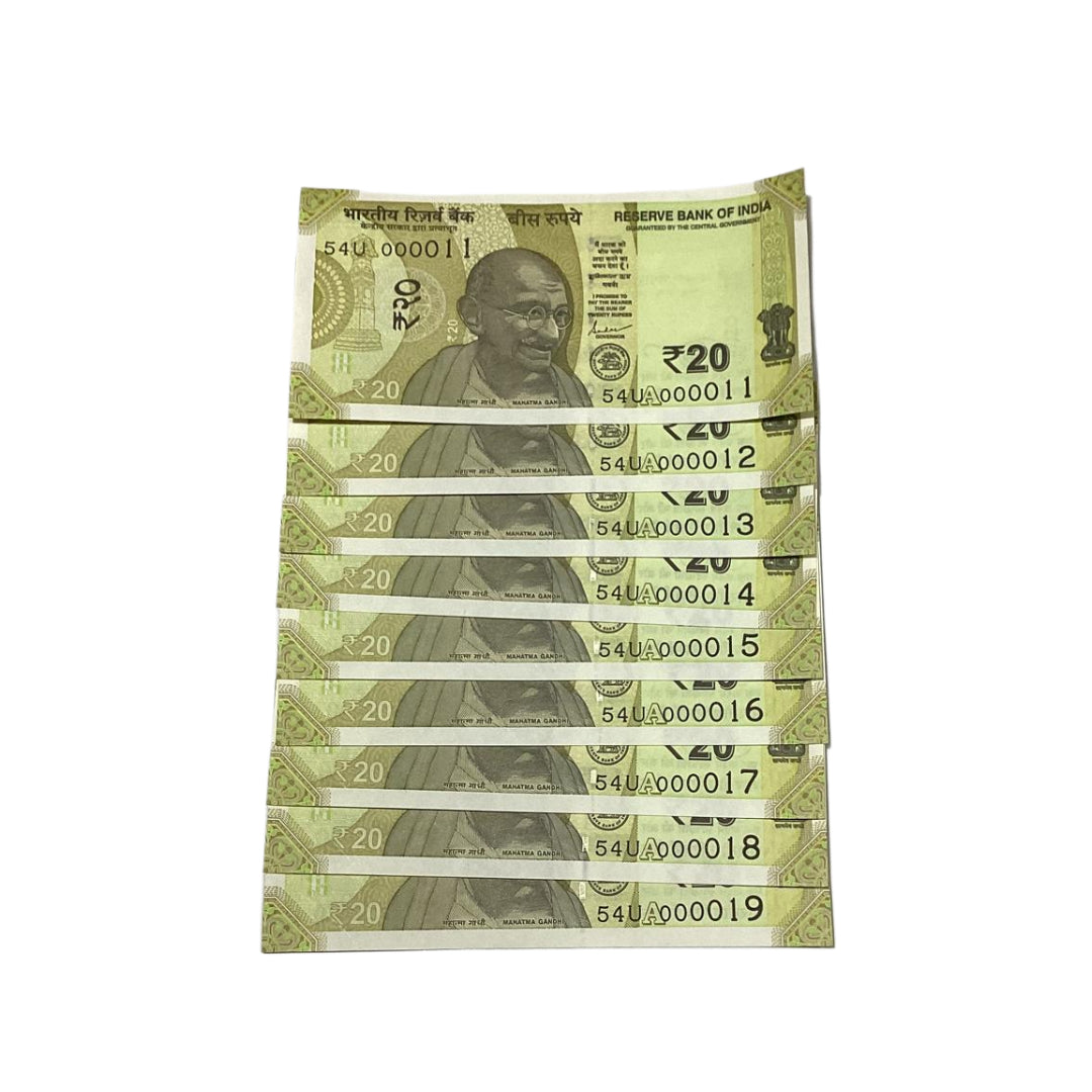 Rs 20 Note Set of 9 Lower Number | Rare Collectible Item - Collection Bazzar