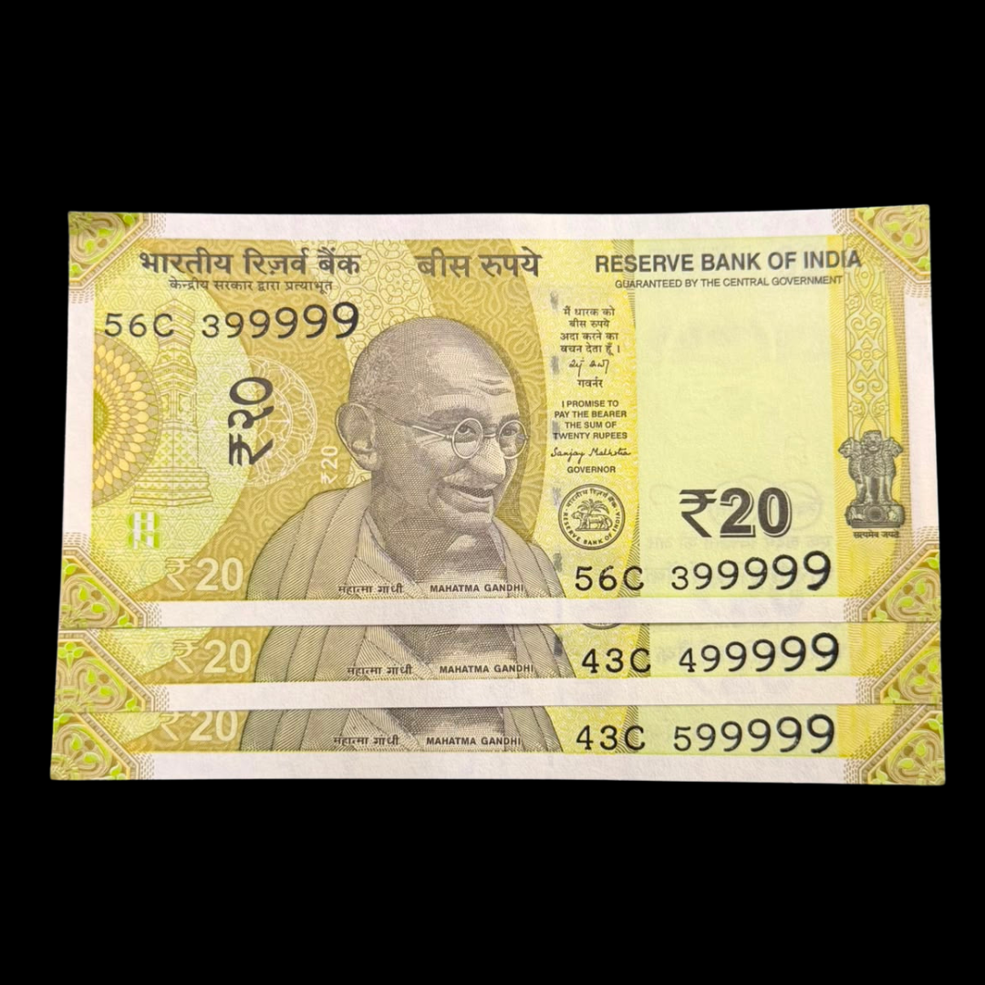 Rs 20 Set of 3 Notes X99999 Al Solid Numbers Rare - Collection Bazzar