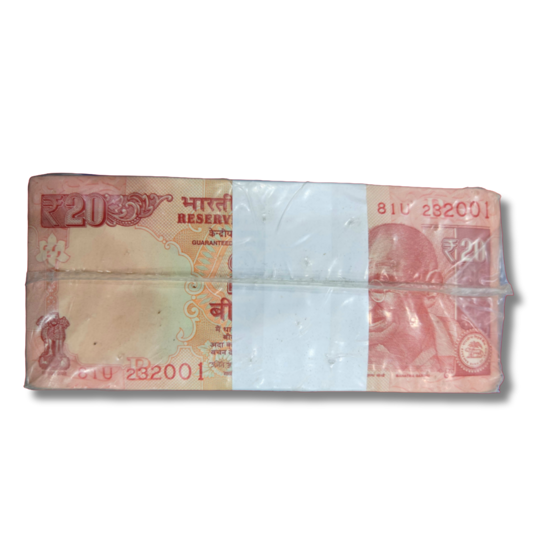 Rs 20 Bank Note – Telescopic Rim Serial 232001 – Tripling Number 232323 Included – 10 Packets (1000 Notes) – Excellent UNC Condition
