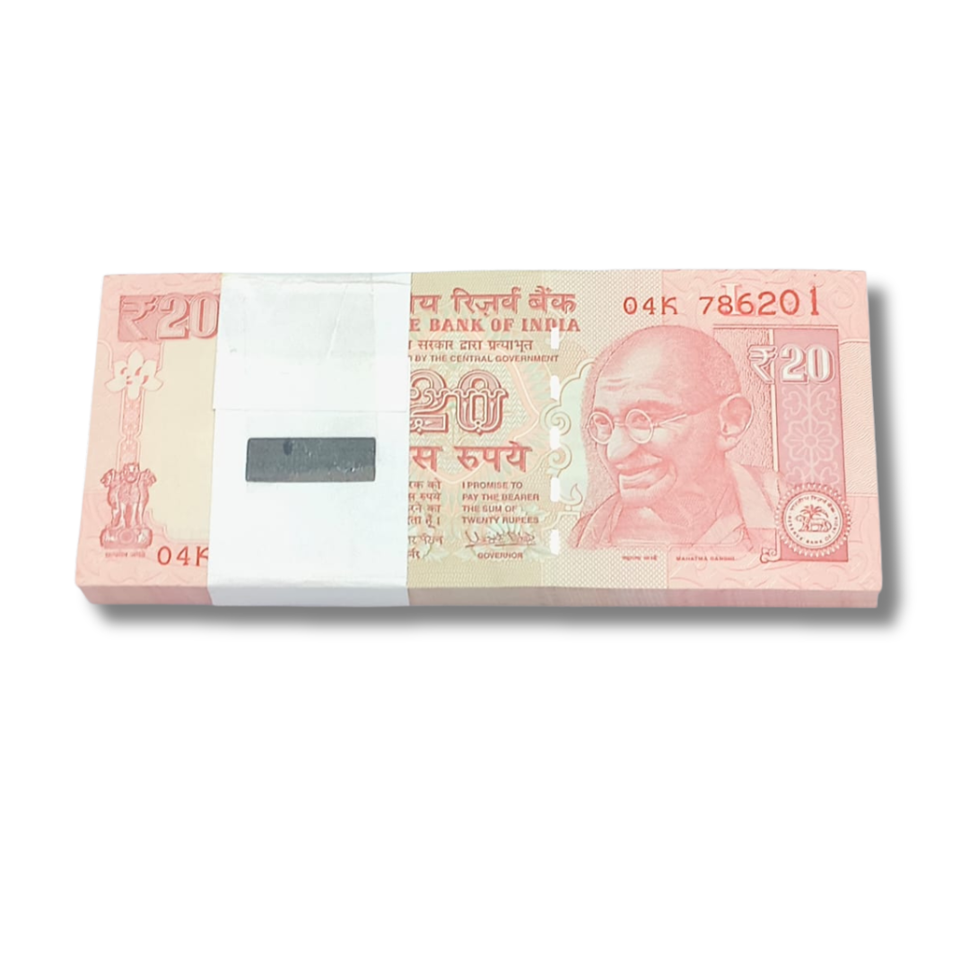 Rare Rs 20 note packet with serial 786201 starting with holy 786 Bismillah number, full 100 notes bundle, collectible Indian currency