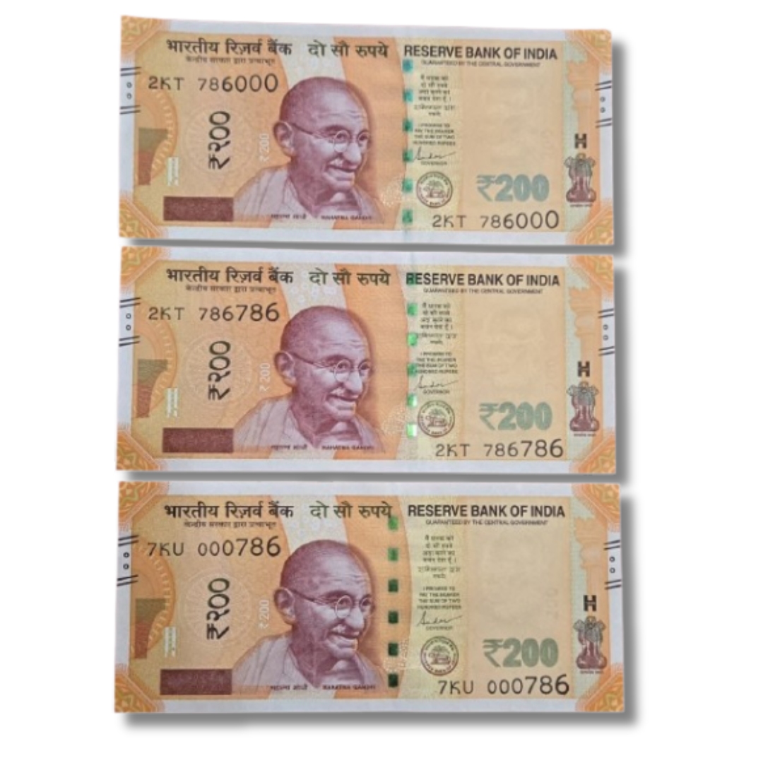 Rs 200 Note 3-Note Set Serial 000786, 786000, 786786 Gem UNC - Collection Bazzar