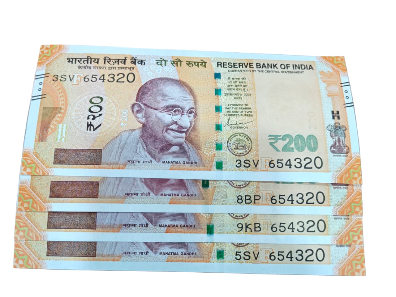 Rs 200 Note Serial 654320 Reverse Ladder ₹500 Each Note UNC Rare Collectible - Collection Bazzar