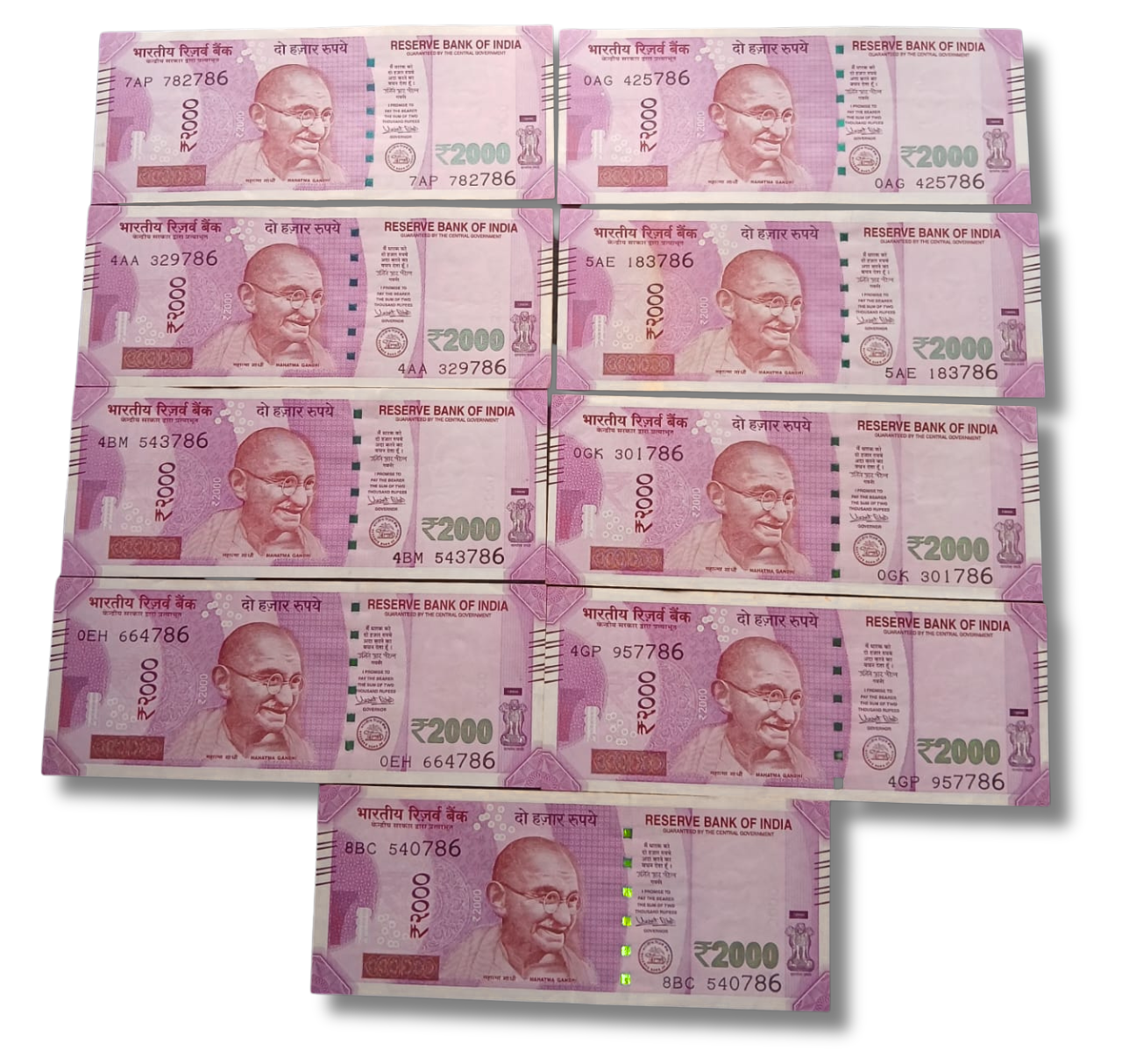 Rs 2000 Indian currency notes ending with 786 – holy Bismillah number, rare collectible set of 9 notes currency collectors