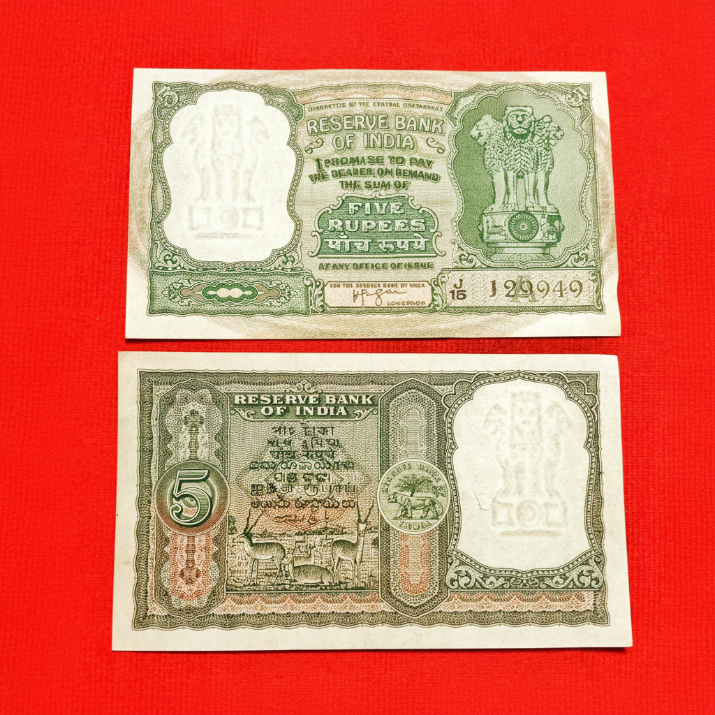 Rs 5 Fafda note 6 deer HVR Iyenger sign vintage issue serial 129949 - Collection Bazzar