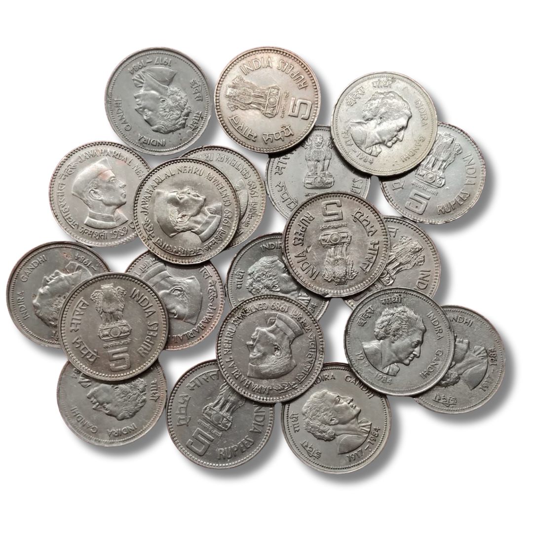 ₹5 Indira Gandhi & Jawaharlal Nehru Commemorative Coins | Copper-Nickel | UNC Condition