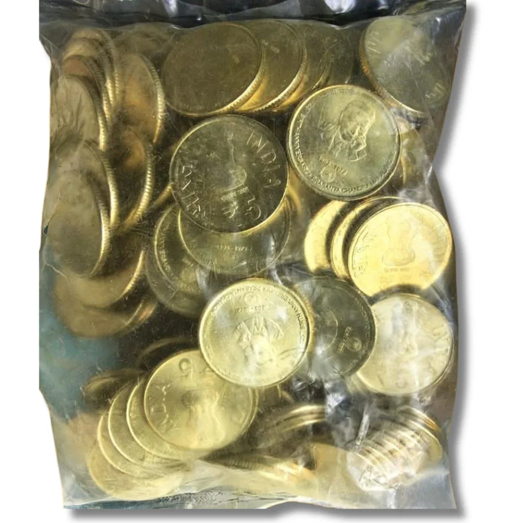 Bag of 5 rupee Kolkata mint coins, collectible Indian currency, sealed packet