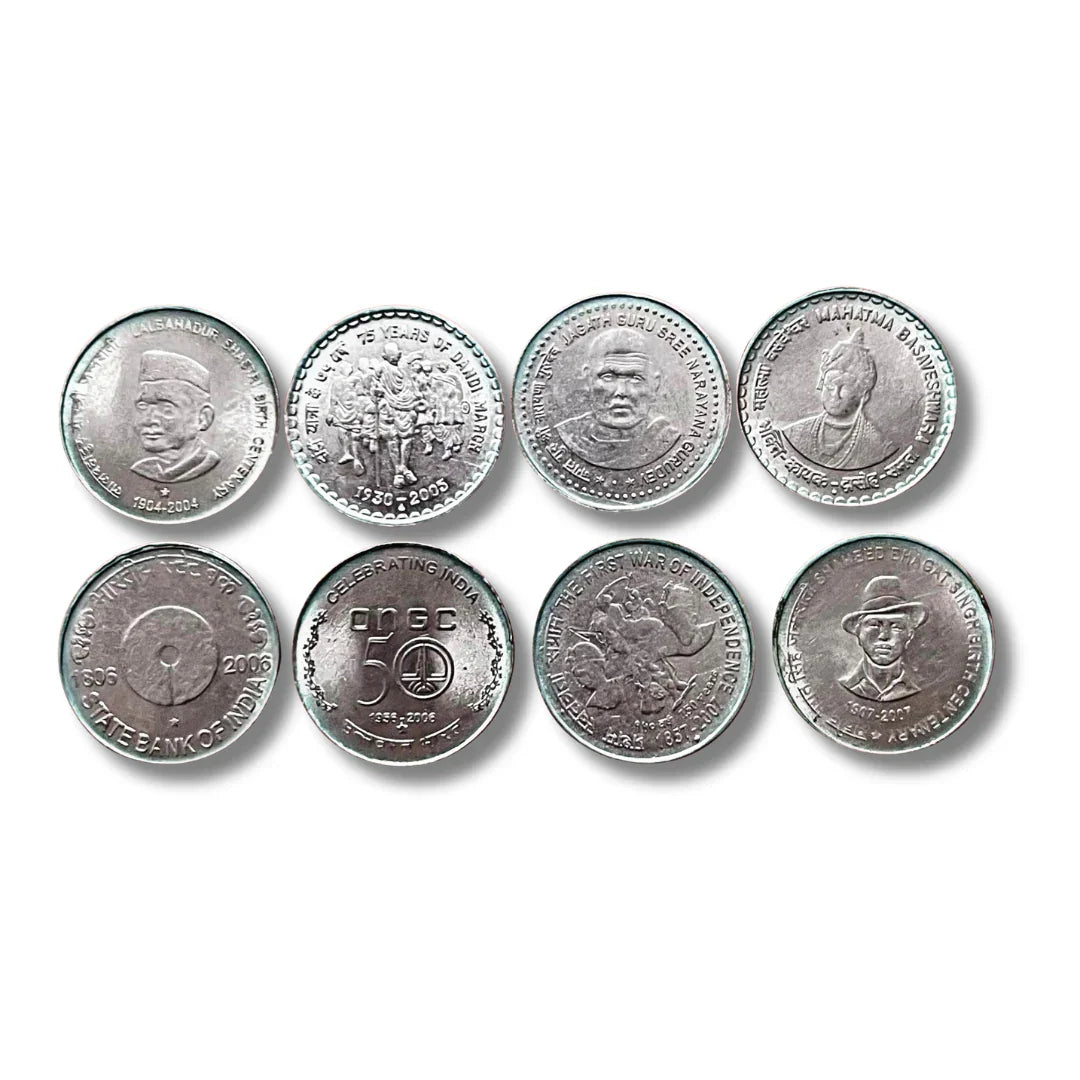 Lot of 8 different Indian 5 rupees commemorative coins, stainless steel, various designs