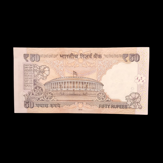Rs 50 Old Parliament Flag Note 765432 Reverse Ladder Number - Collection Bazzar