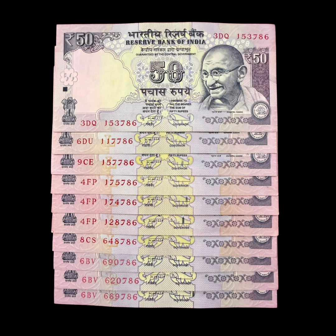 Rs 50 Old Set of 10 Notes Ending 786 Holy Bismillah Number Rare - Collection Bazzar