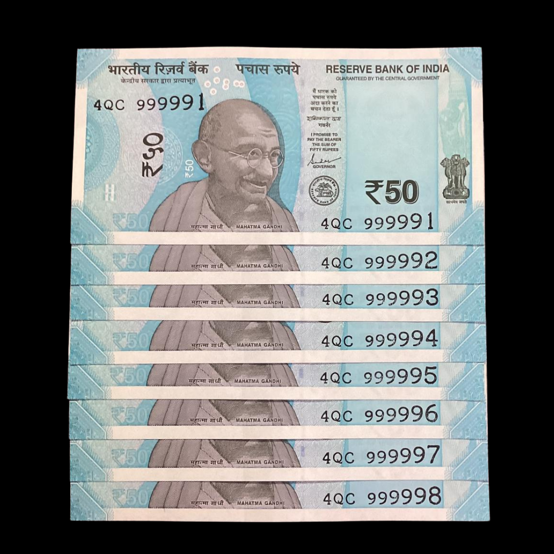 Rs 50 Set of 8 Notes All Solid Number Type 999991-999998 Rare - Collection Bazzar