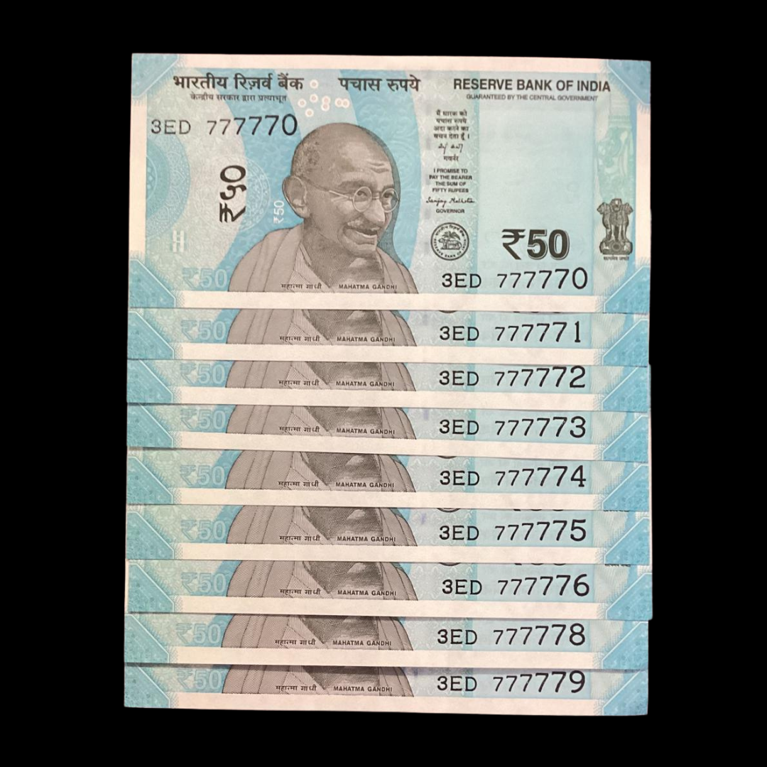 Rs 50 Set of 9 Serial 777770-777779 Type Solid Number 77777X - Collection Bazzar
