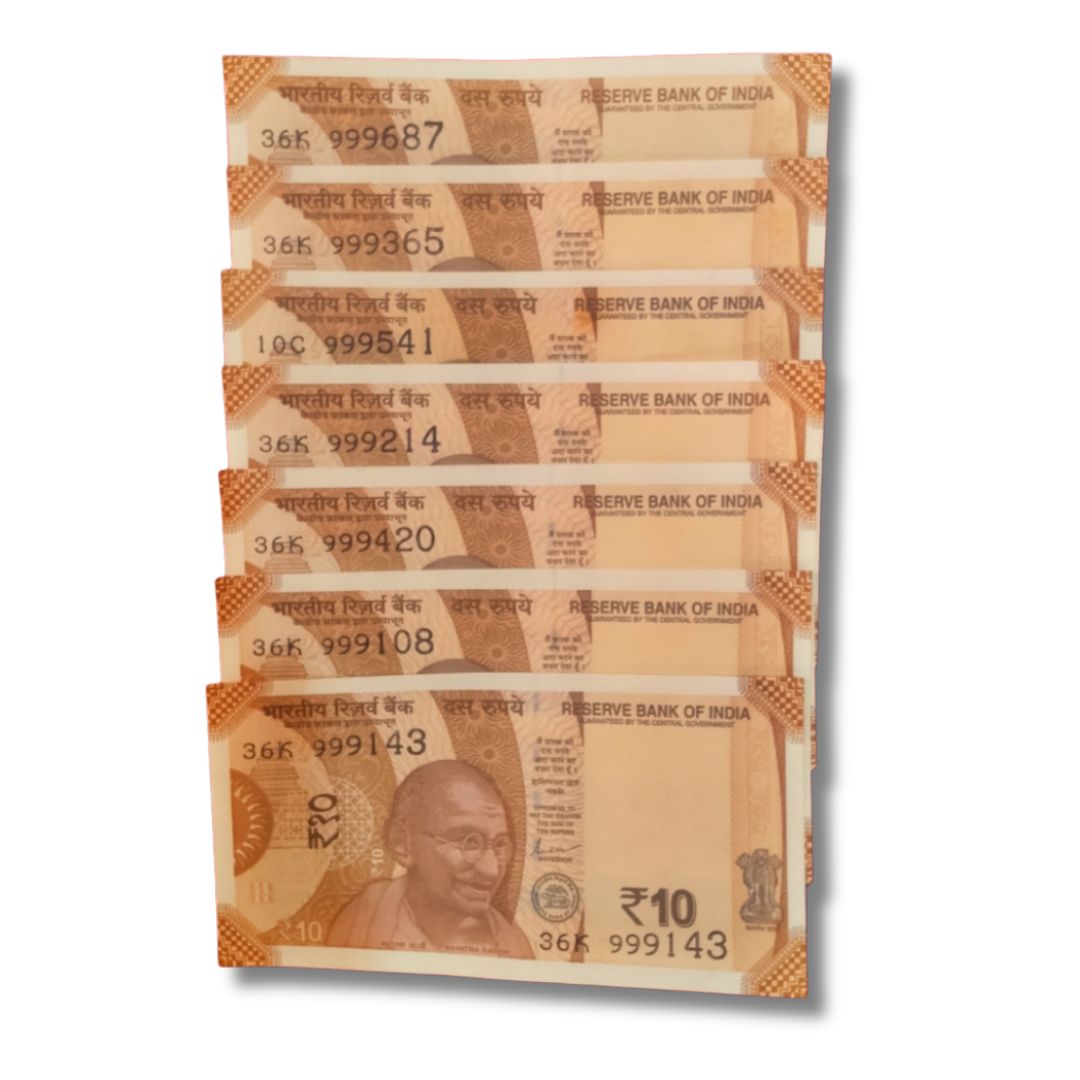 Rs 10 Semi Fancy Set – 7 Notes Starting 999 + Holy Number | UNC Condition
