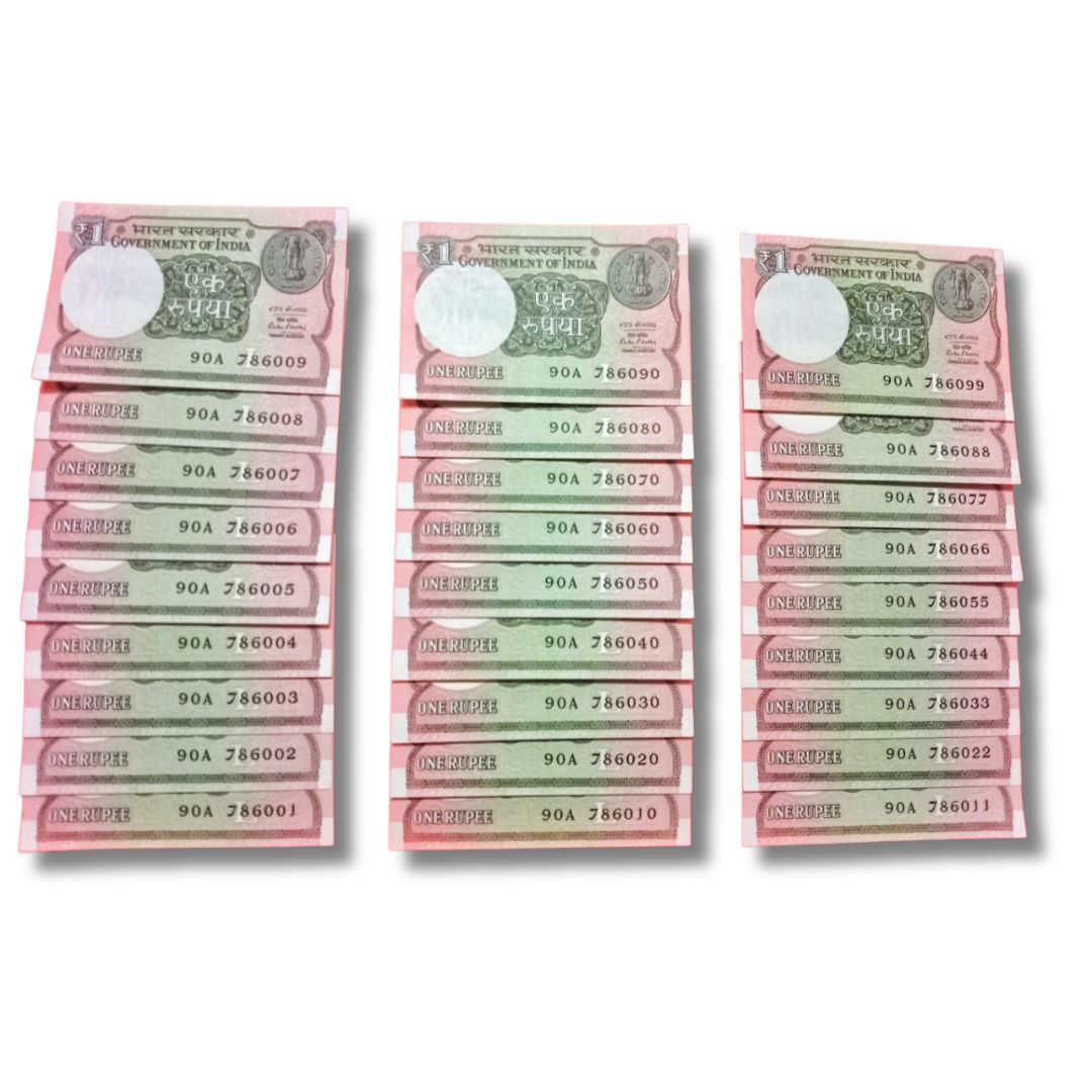 Rs 1 Note Set – 27 Notes | 786001 to 786099 | Holy Bismillah Number | 90A Prefix | Ratan P Watal | Gem UNC