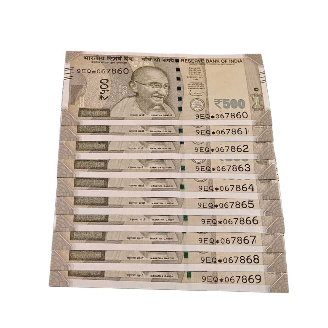 Rs 500 Note Set of 10 Star Note Serial 9EQ*067860-067869 | Holy 786 Bismillah Number | Signed by Shaktikanta Das | Rare Collectible