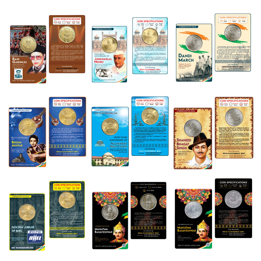 Rs 5 Coin Cards Set of 9 Commemorative Premium Pack