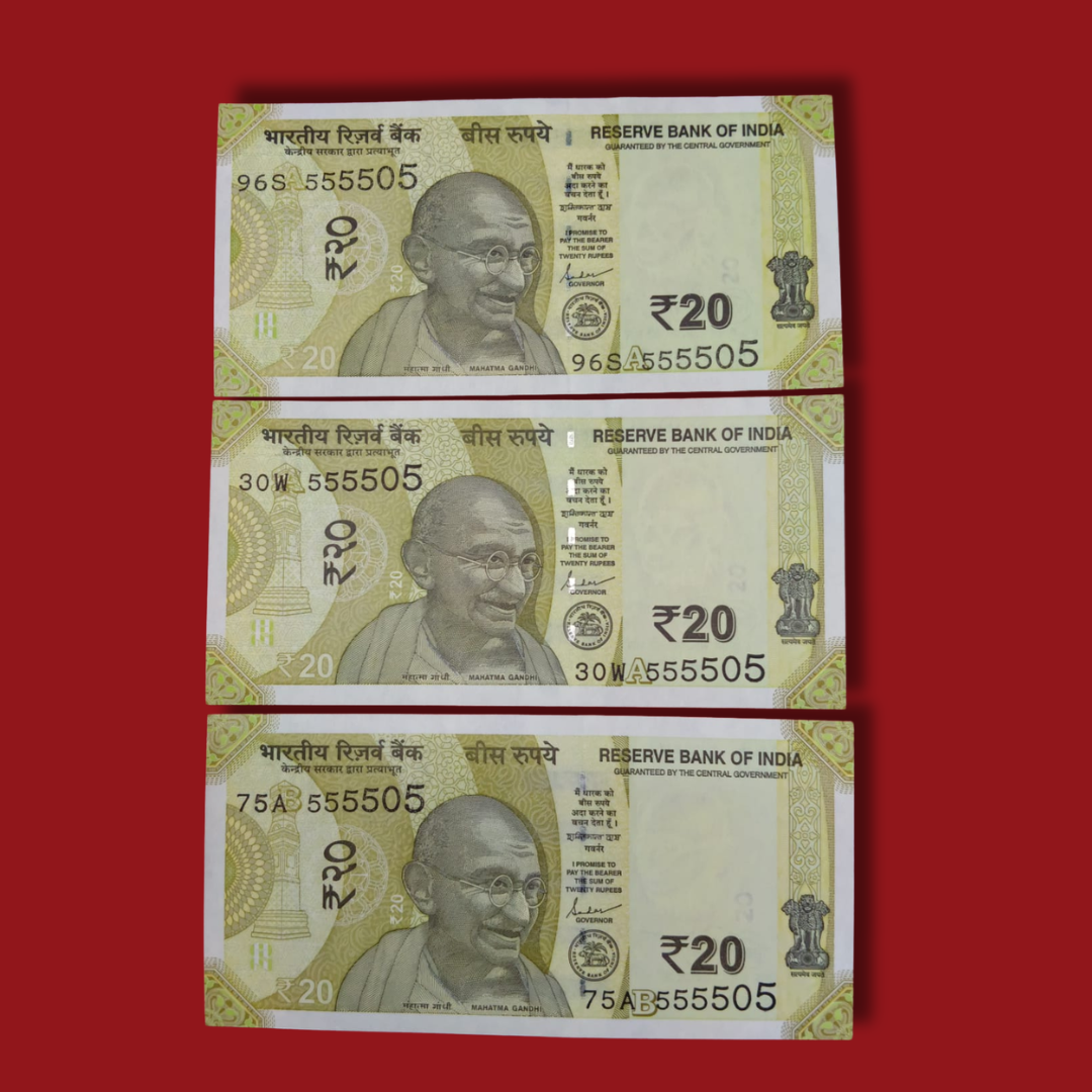 Rs 20 New Note Semi Fancy Number 555505 3 Note set
