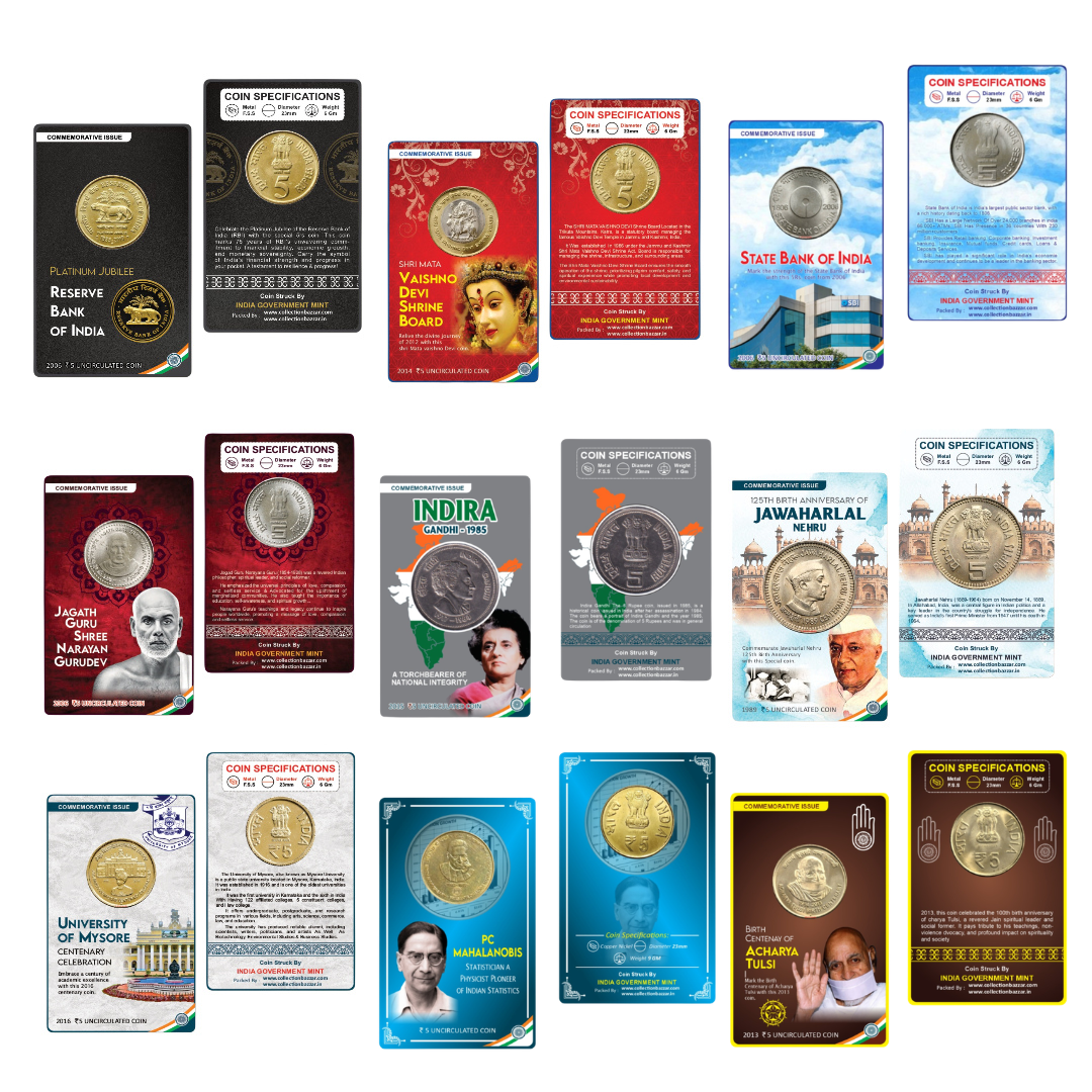 Rs 5 Coin Cards Set of 9 Commemorative Premium Pack