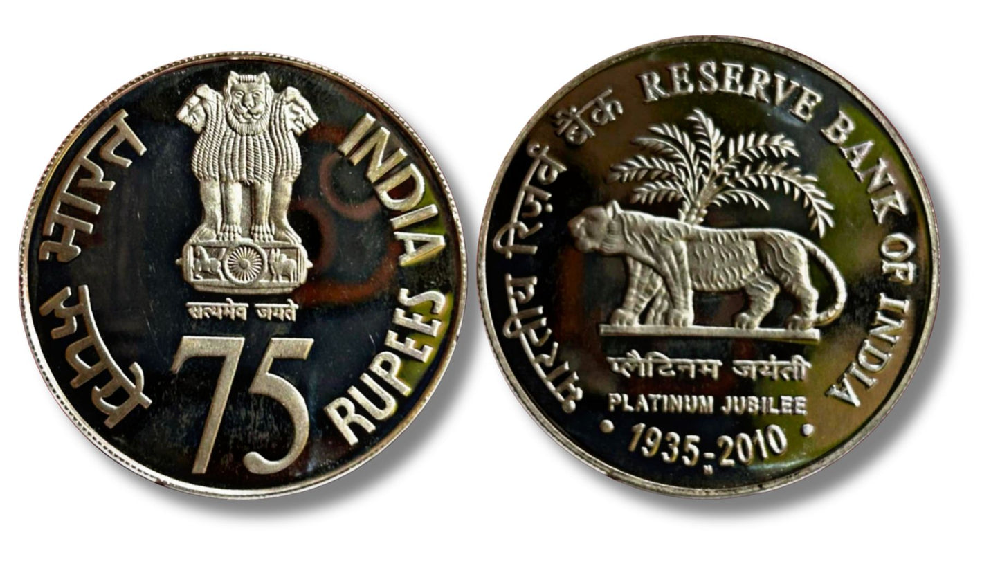 Platinum Jubilee Bhartiya Resarve Bank 75 Rupees Proof Set Silvercoin