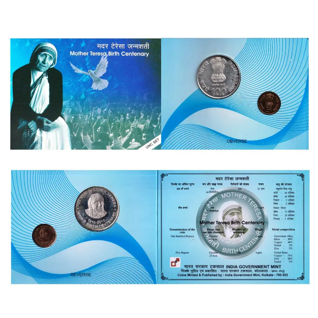 Mother Teresa Birth Centenary 2010 UNC Coin Set – ₹100 Silver + ₹5 Copper-Nickel | India Government Mint Kolkata